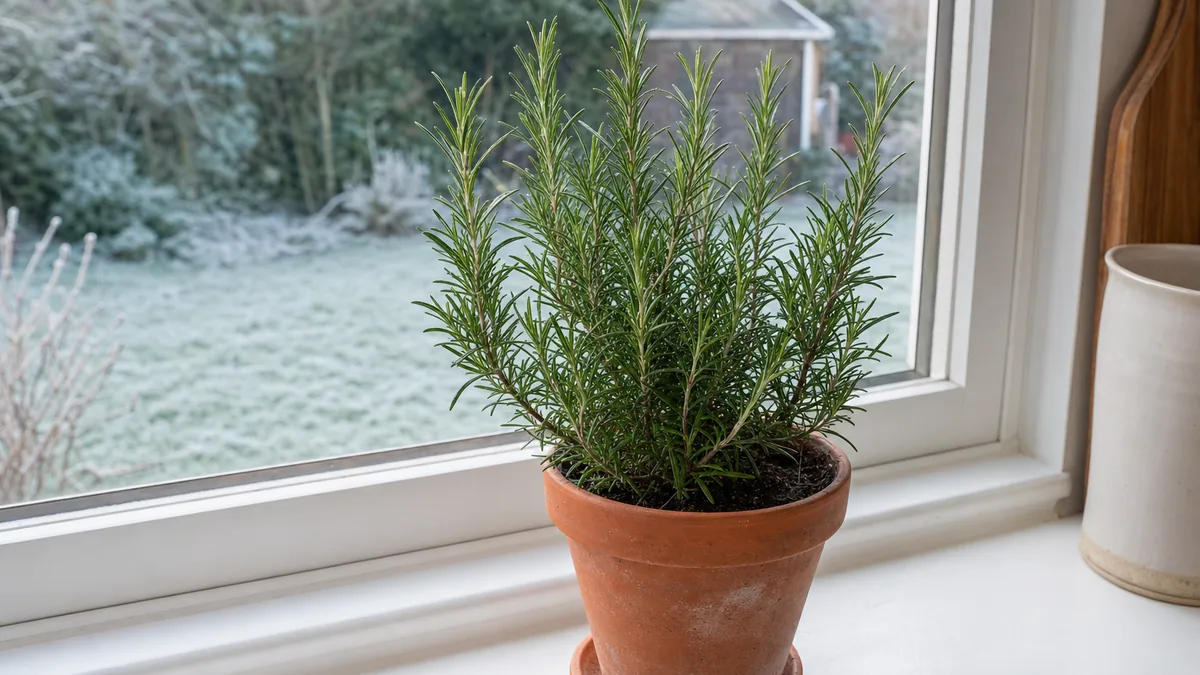 A potted rosemary plant on a bright south-facing windowsill in winter, with a clay saucer and a snow-covered garden outside the glass