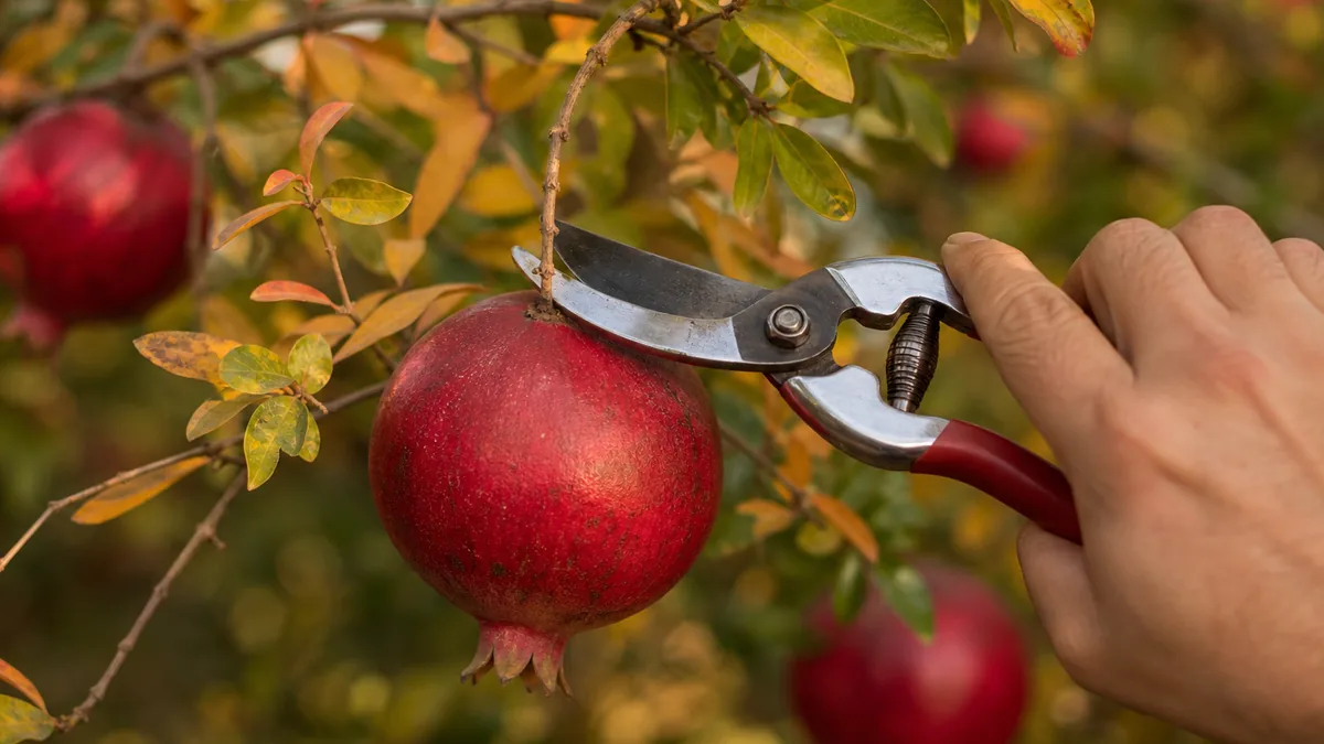 A hand holding pruning shears to clip the short stem of a deep red pomegranate on the tree in warm autumn light, with leaves and other fruit behind