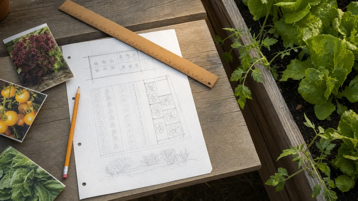A hand-drawn vegetable garden plan on graph paper beside a pencil, seed packets and a small raised bed with young lettuce and tomato seedlings