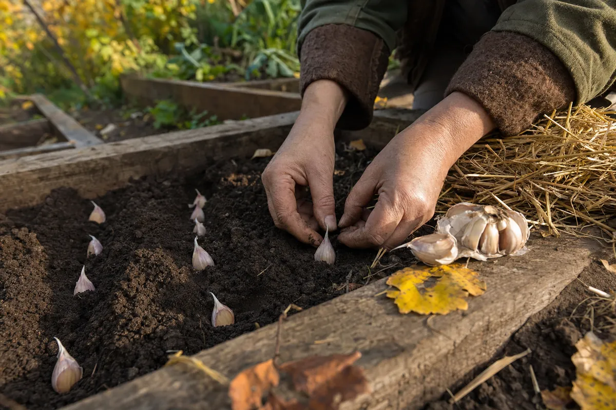 Hands pressing a garlic clove, pointed end up, into a furrow of dark soil in a raised garden bed in autumn