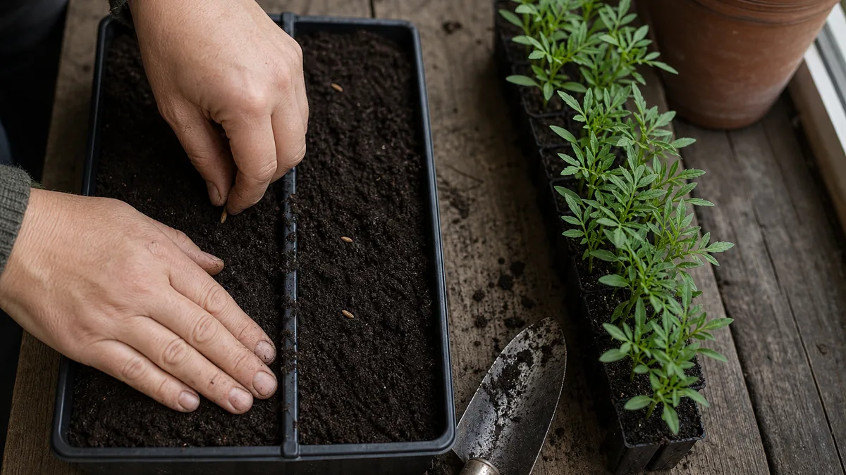 Hands pressing marigold seeds into a seed tray of moist potting mix beside a row of young seedlings