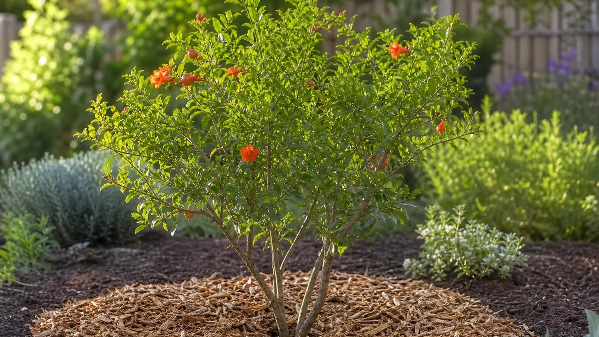 A young pomegranate tree with glossy green leaves and orange-red blossoms newly planted in a sunny garden bed, with a ring of wood chip mulch around the base