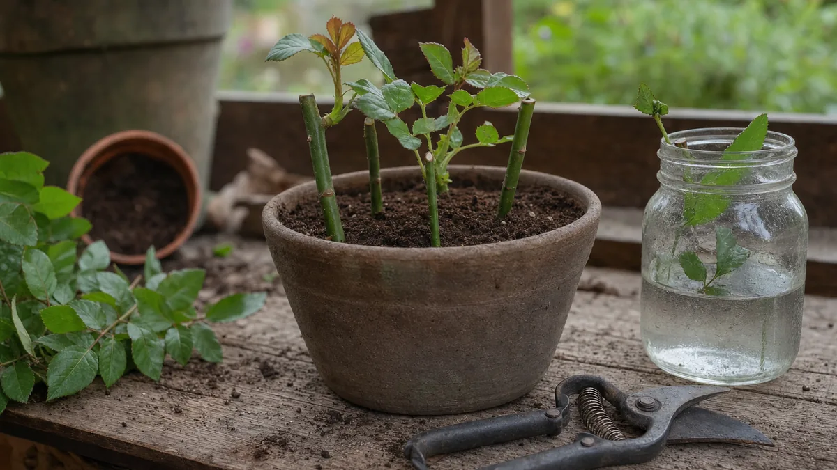 Rose cuttings with fresh leaves pushed into a pot of potting mix beside bypass pruners and a jar of water on a potting bench