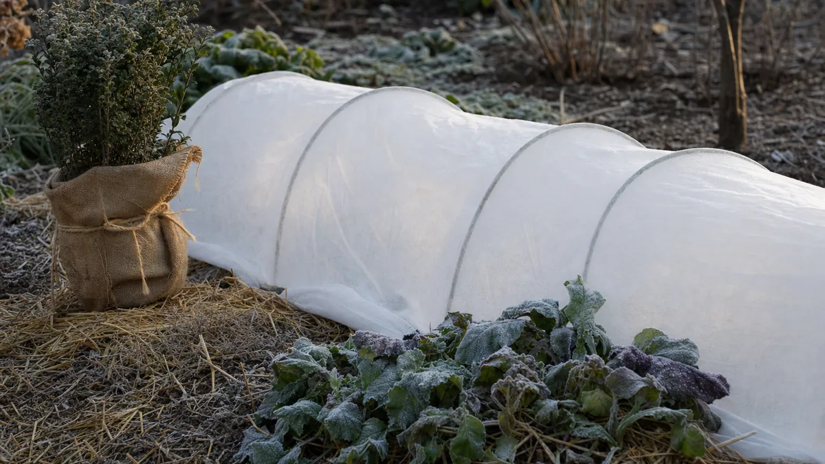 Garden bed of kale and lettuce covered with white frost cloth held up on hoops, with a terracotta pot wrapped in burlap beside it on a frosty morning