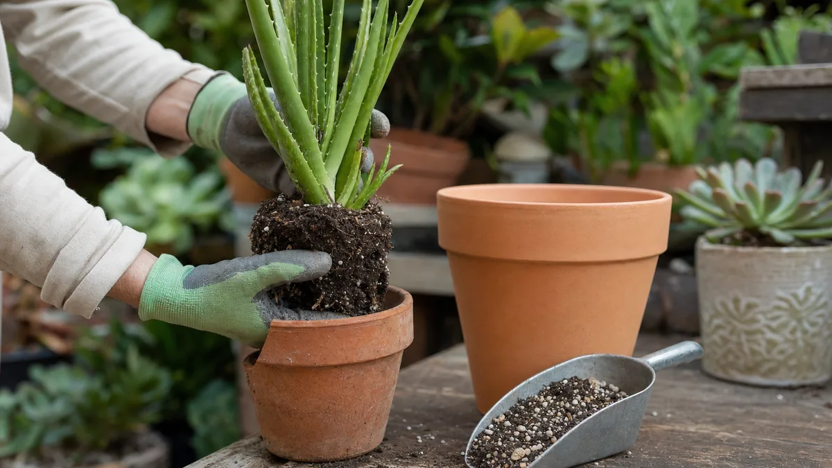 Gloved hands lifting an aloe vera plant from a small terracotta pot beside a larger empty terracotta pot and a scoop of gritty cactus mix on a potting bench