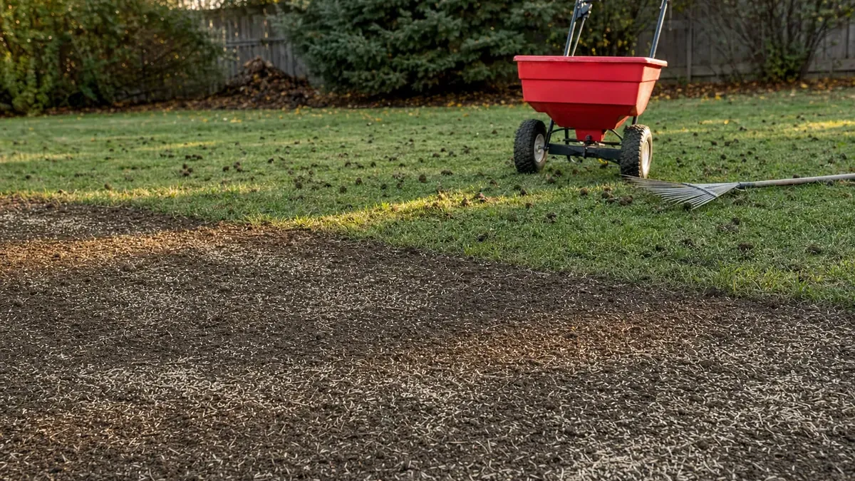 Freshly raked bare patch of lawn scattered with grass seed, with a broadcast spreader on the lawn behind