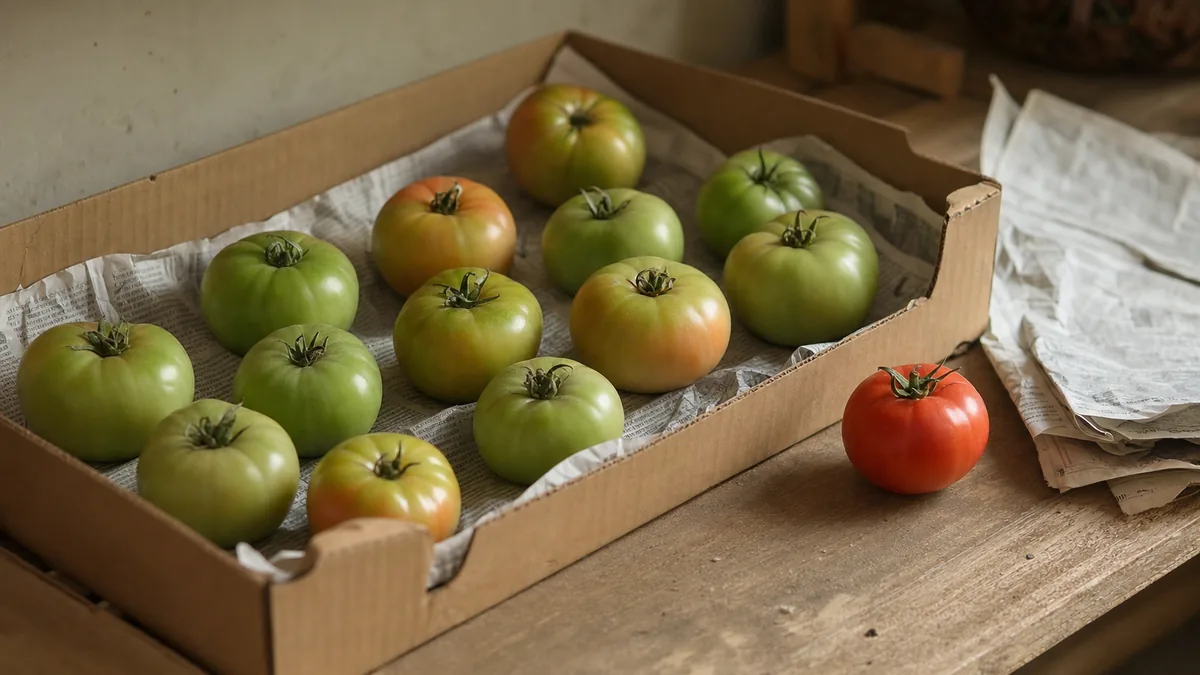 Mature green and blushing tomatoes spaced in a single layer in a shallow cardboard box lined with newspaper, on a wooden shelf in soft indirect light, with one fully red tomato beside them