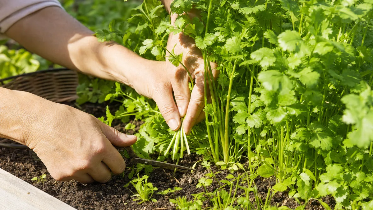 Hands using small snips to cut cilantro stems about two inches above the soil in a sunny raised bed, with a small basket nearby