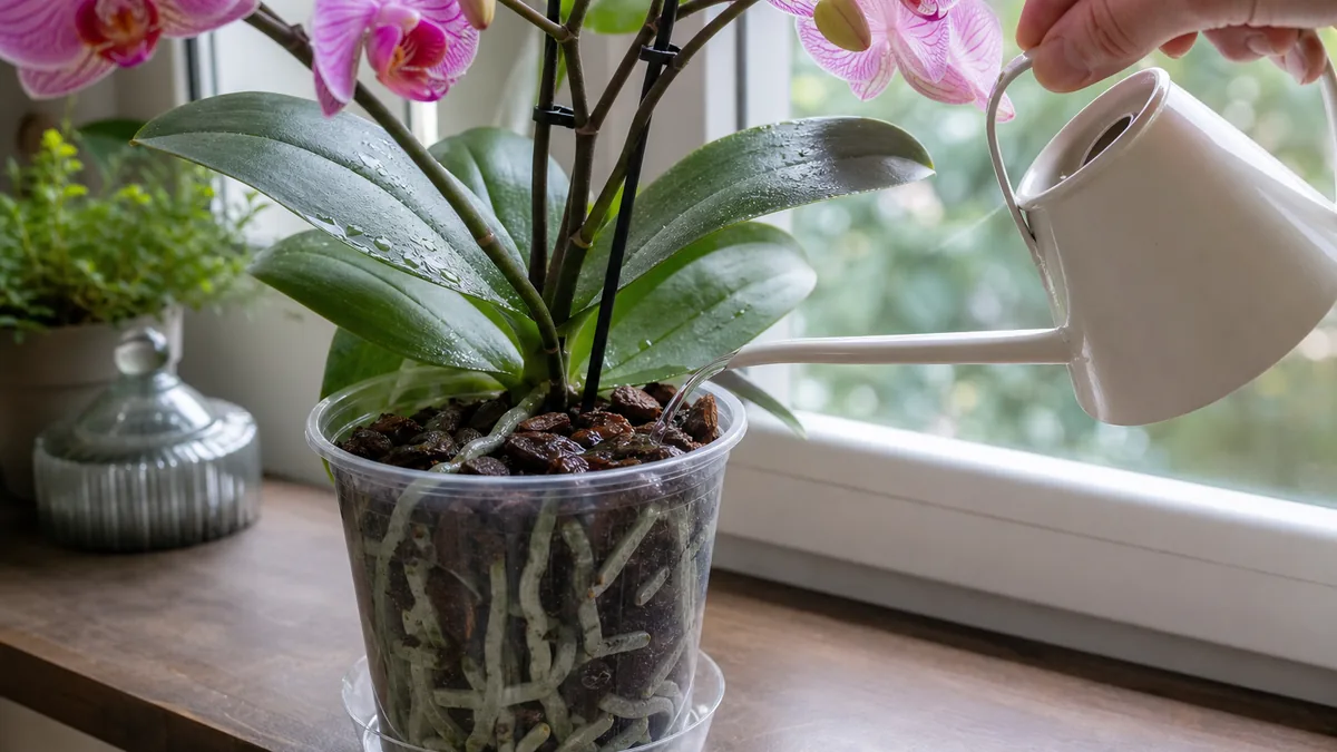 A pink-flowered Phalaenopsis orchid in a clear pot with silvery green roots visible, being watered from a small white can on a window sill