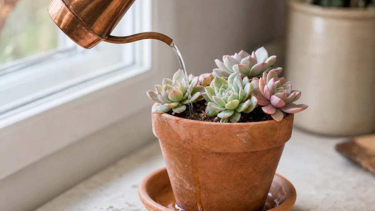 A small copper watering can soaking the soil of a terracotta pot of echeveria succulents on a bright windowsill, with water beginning to run out of the drainage hole