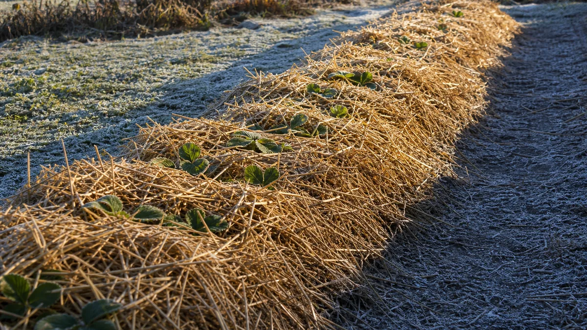 A raised strawberry row covered with a loose layer of golden straw, with a few green leaves showing through and frost on the path beside it