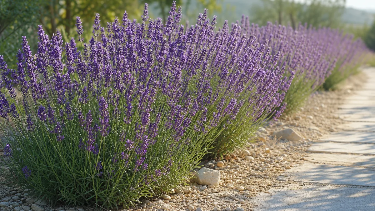 A row of mature English lavender plants in full bloom with purple flower spikes growing in pale gravelly soil beside a sunny garden path