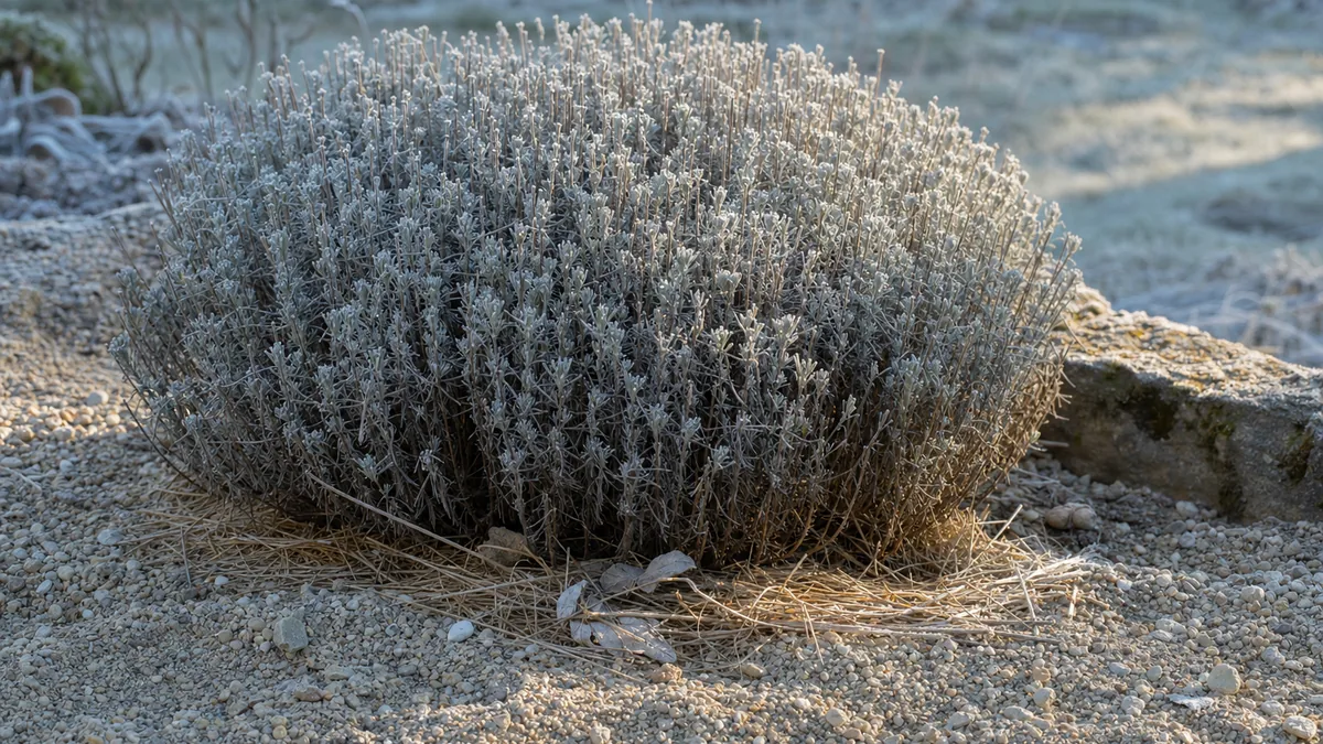 Mature English lavender mound in winter, gray-green dormant foliage on woody stems with a dusting of frost, growing in pale gravelly soil beside a stone edge