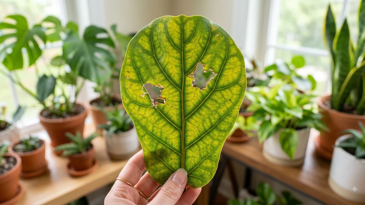 Leaf with irregular chewed holes, for diagnosing what's causing holes in plant leaves