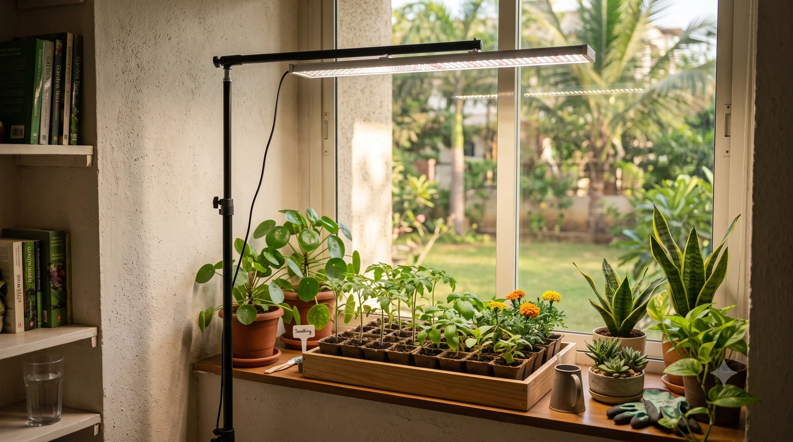 A black LED grow light panel hanging over a windowsill of seedling trays and houseplants including pileas, snake plants, marigolds, and tomato seedlings