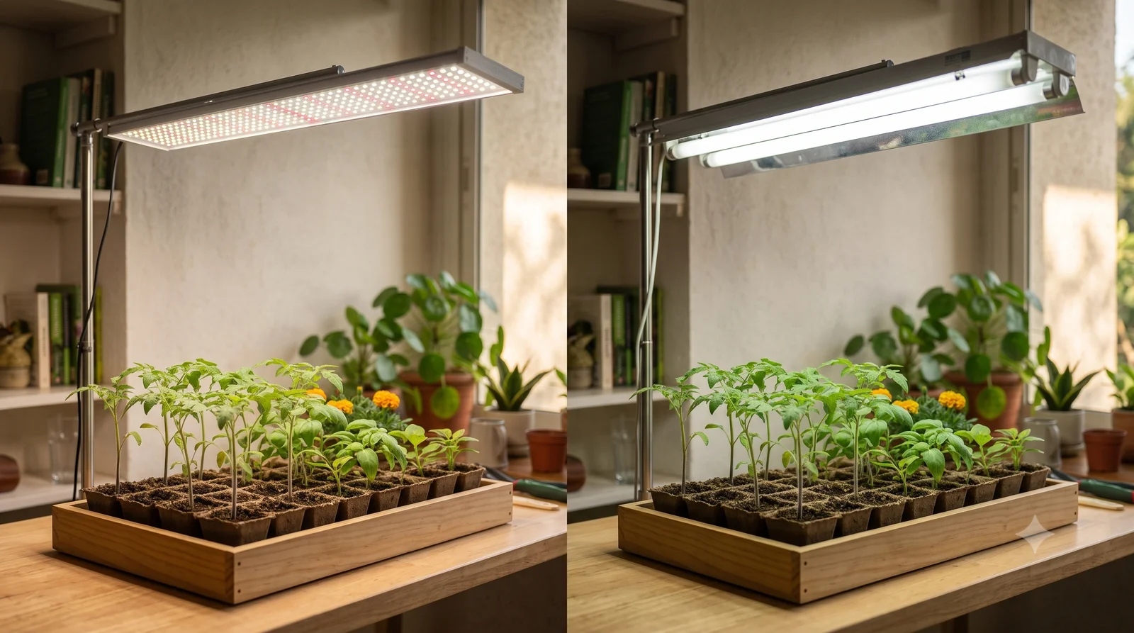 Side-by-side comparison of an LED grow light panel and a fluorescent tube fixture, each lighting an identical seedling tray