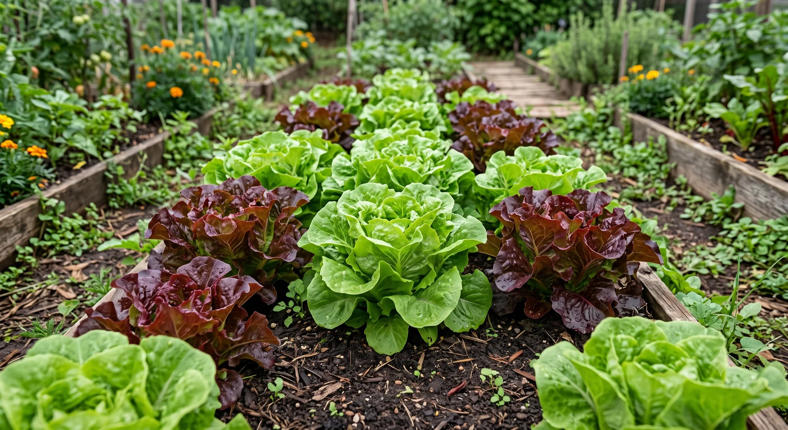 Rows of mature butterhead and red leaf lettuce growing in a raised garden bed