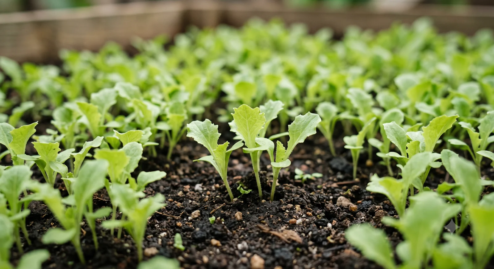 Dense rows of young lettuce seedlings emerging from dark soil in a garden bed