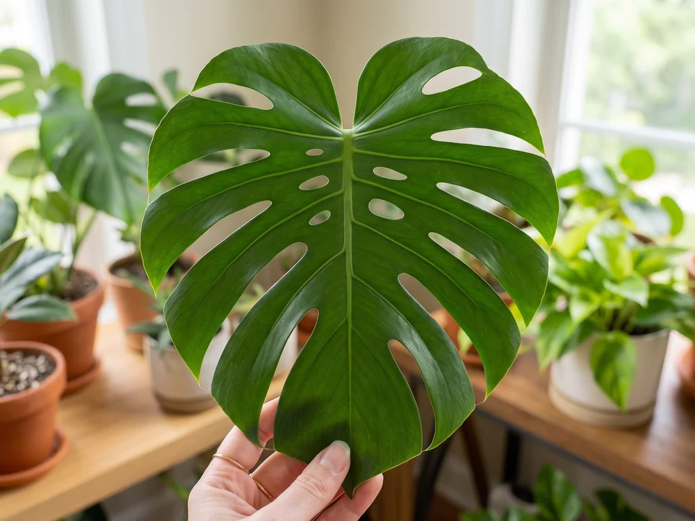 Monstera deliciosa leaf with natural symmetrical holes, showing fenestration rather than pest damage