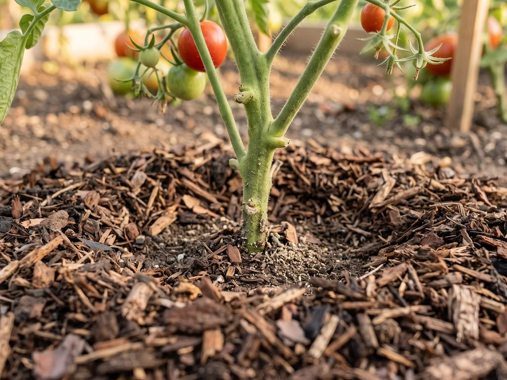 Mulch spread around the base of a tomato plant to conserve soil moisture and prevent blossom end rot