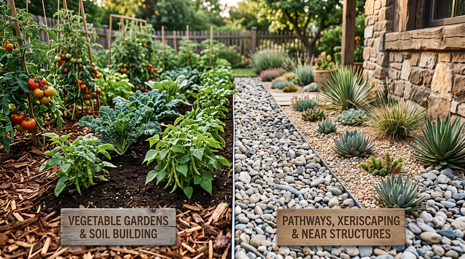 Split comparison labeled 'Vegetable Gardens & Soil Building' over an organic wood-mulched vegetable bed, and 'Pathways, Xeriscaping & Near Structures' over a gravel-mulched xeriscape bed