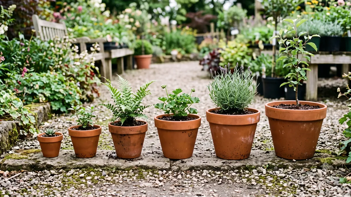 Several nursery plant pots of different sizes lined up in a row