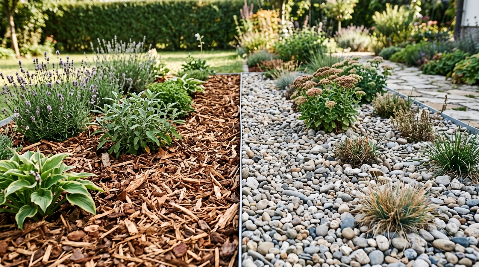 A garden bed split down the middle, showing wood chip mulch on one side and river rock gravel on the other, each surrounding the same planting bed
