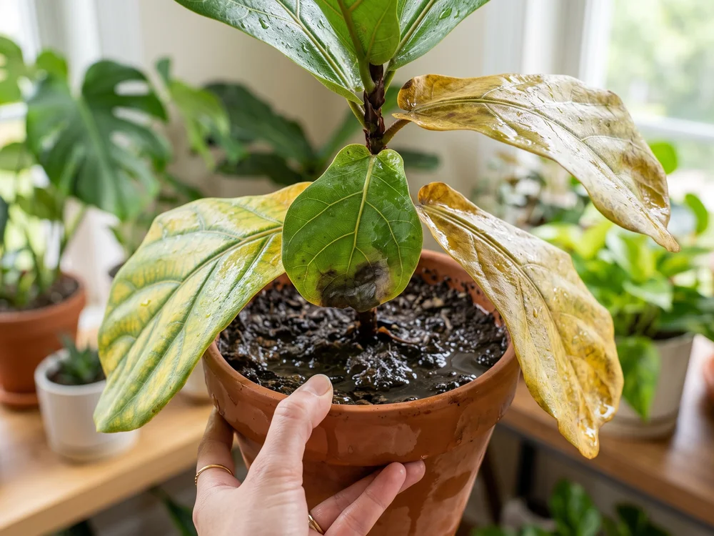 Potted plant with yellowing leaves and visibly wet soil, showing overwatering as a cause of yellow leaves