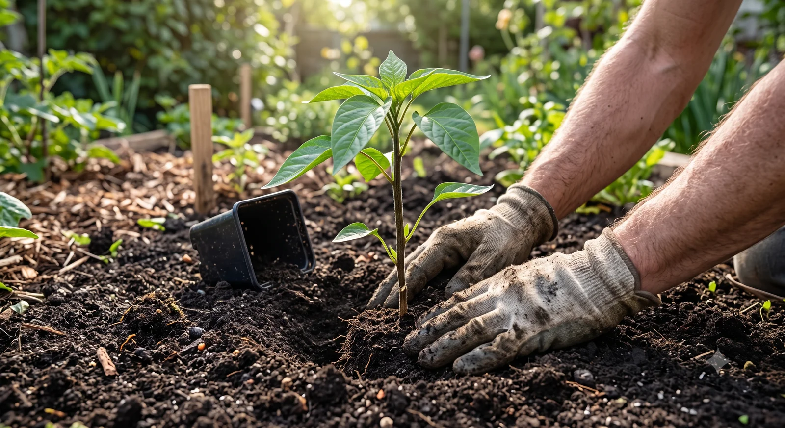 A gardener transplanting a pepper seedling into a garden bed at the same soil depth it was growing at, not buried deep