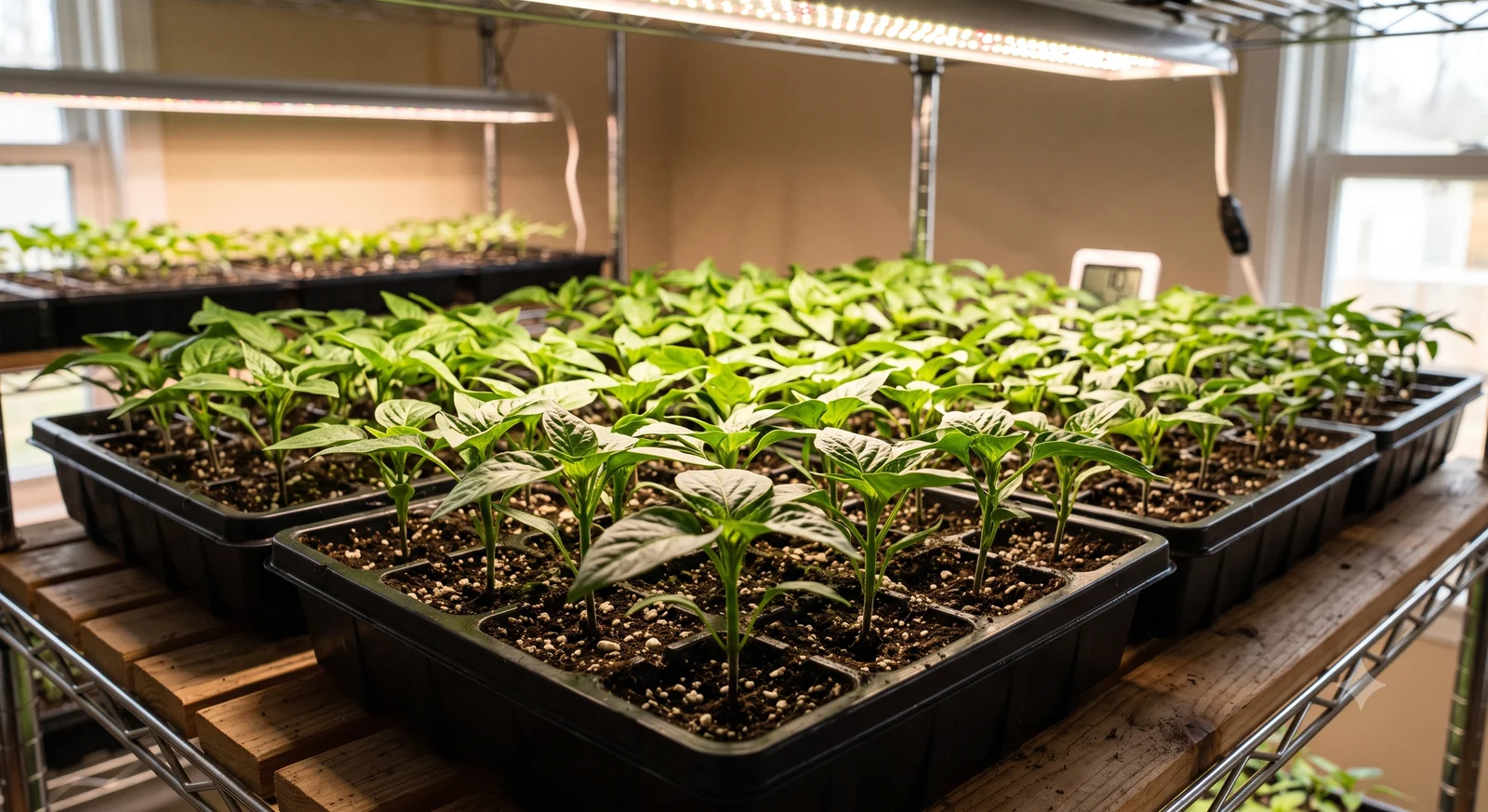 Trays of young pepper seedlings under a full-spectrum LED grow light on a wire shelving rack