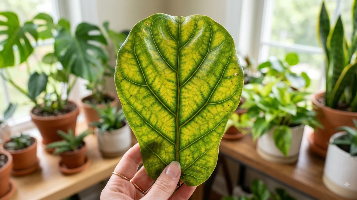 Houseplant leaf with yellowing between the veins, for diagnosing why plant leaves turn yellow