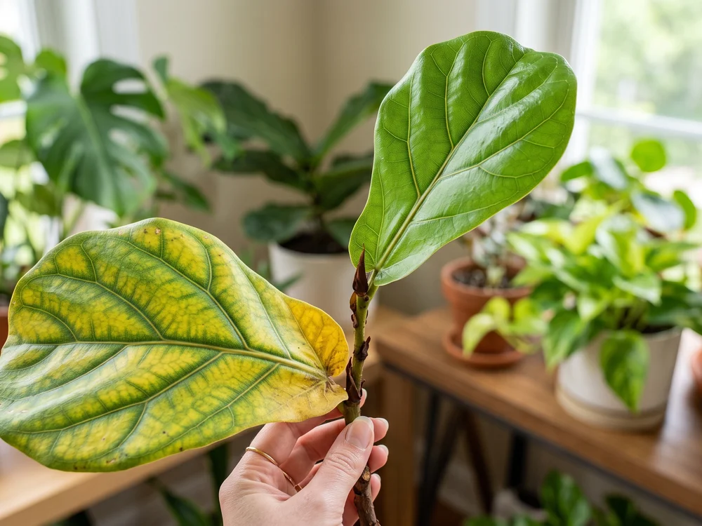 Comparison of an older yellowing leaf and a healthy newer leaf on the same plant, showing old-leaf-first yellowing pattern