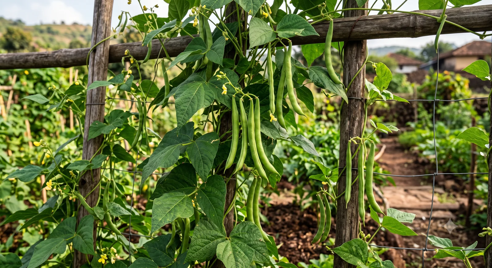 Pole bean vines climbing a wooden trellis in a raised garden bed, with mature green bean pods hanging among the leaves and yellow flowers