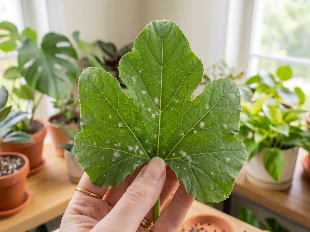 Squash leaf with early-stage powdery mildew spots, showing what powdery mildew looks like in early stages