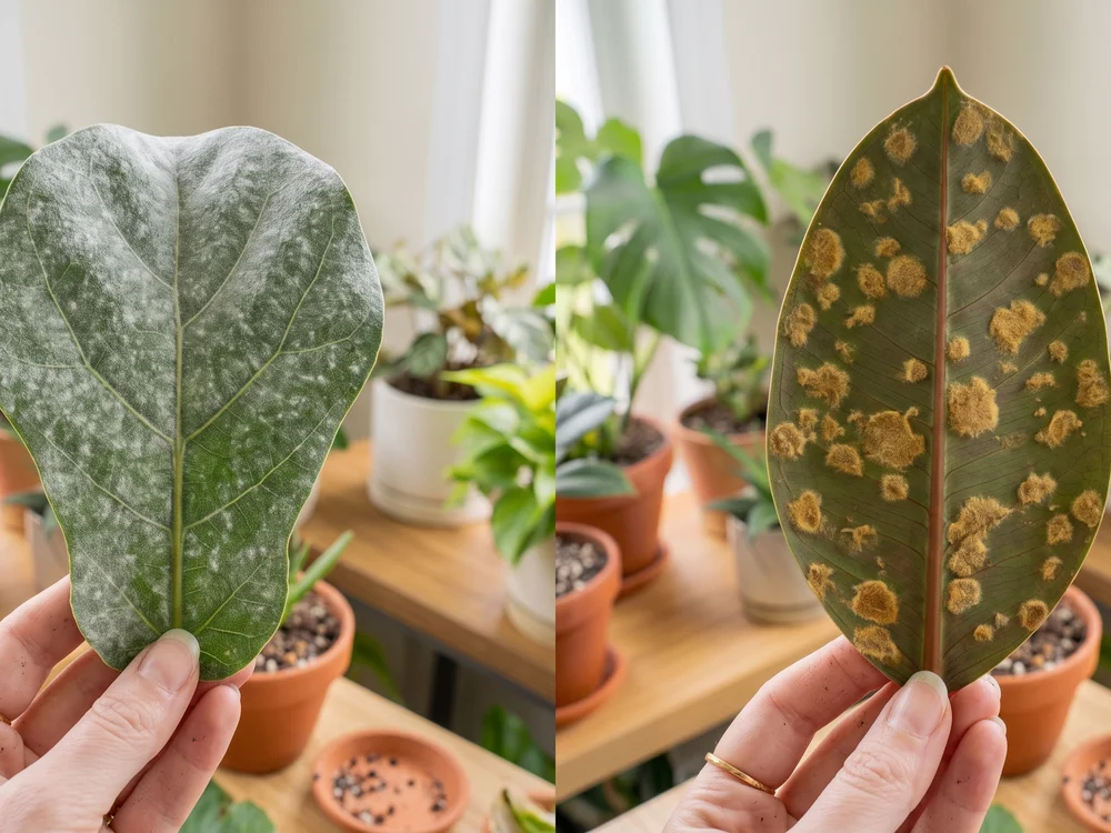 Comparison of powdery mildew's white top-surface coating and downy mildew's fuzzy underside patches