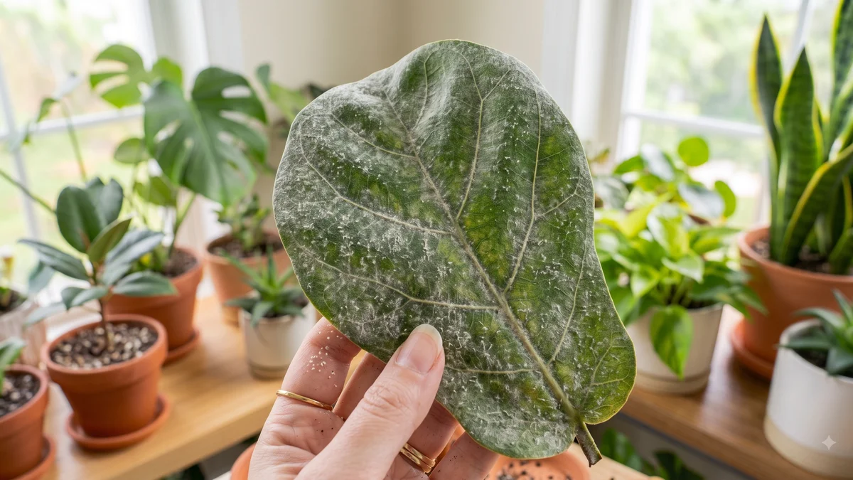 Plant leaf covered in white powdery fungal coating, for identifying powdery mildew