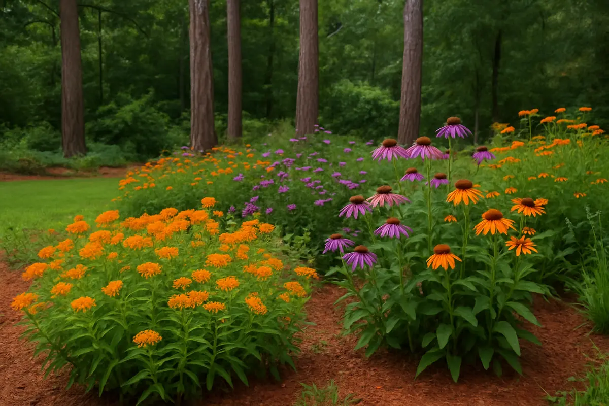 A home yard in the humid Deep South, with tall loblolly pines and red clay soil, planted with butterfly weed, purple coneflower and orange coneflower