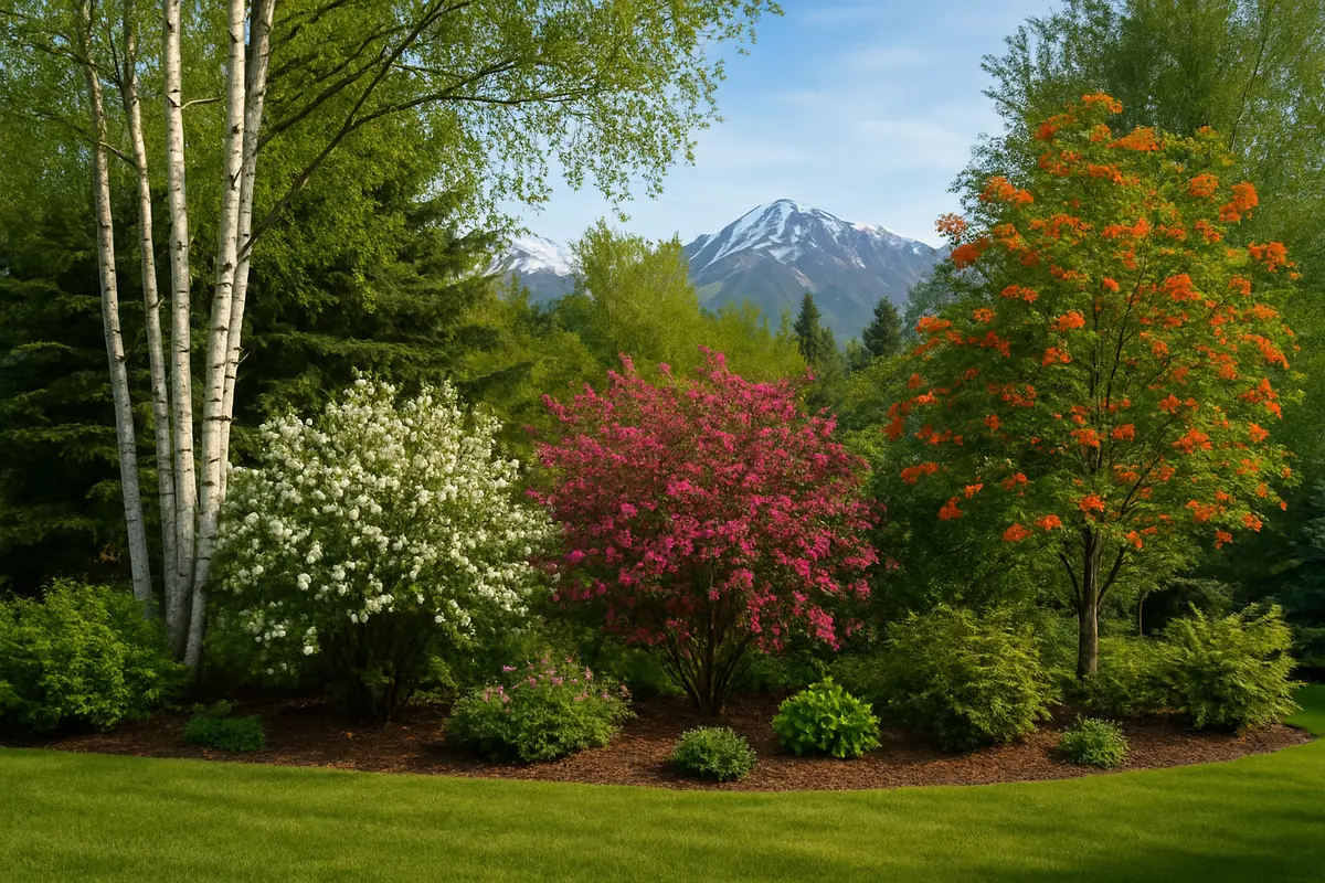 A home yard in south-central Alaska, with birch and spruce trees and distant snow-capped mountains, planted with Amur chokecherry, Manchurian crabapple and American mountain ash