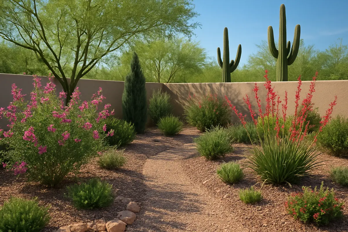 A home yard in the Sonoran desert, with a stucco wall, gravel paths, palo verde trees and saguaro cacti beyond, planted with desert willow, Arizona cypress and red yucca