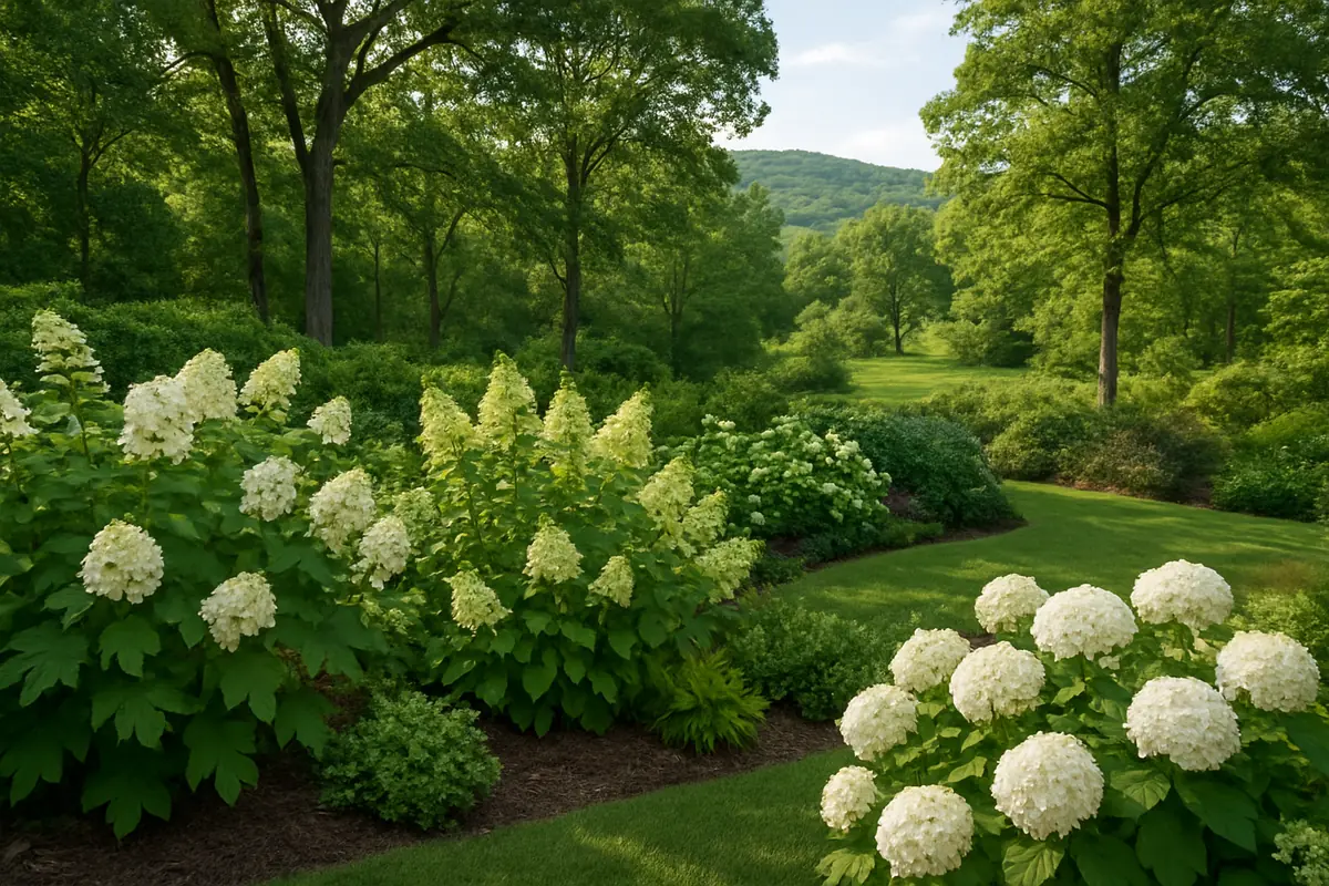 A home yard in the Ozark foothills, with oak and hickory woods and rolling green hills, planted with oakleaf hydrangea, panicle hydrangea 'Limelight' and smooth hydrangea 'Annabelle'