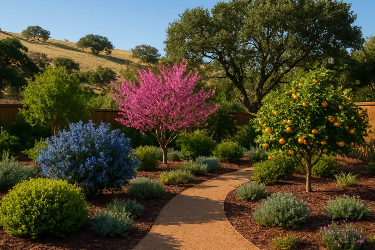 A home yard in a sunny California backyard, with golden hills, live oaks and a citrus tree, planted with coast live oak, ceanothus and western redbud