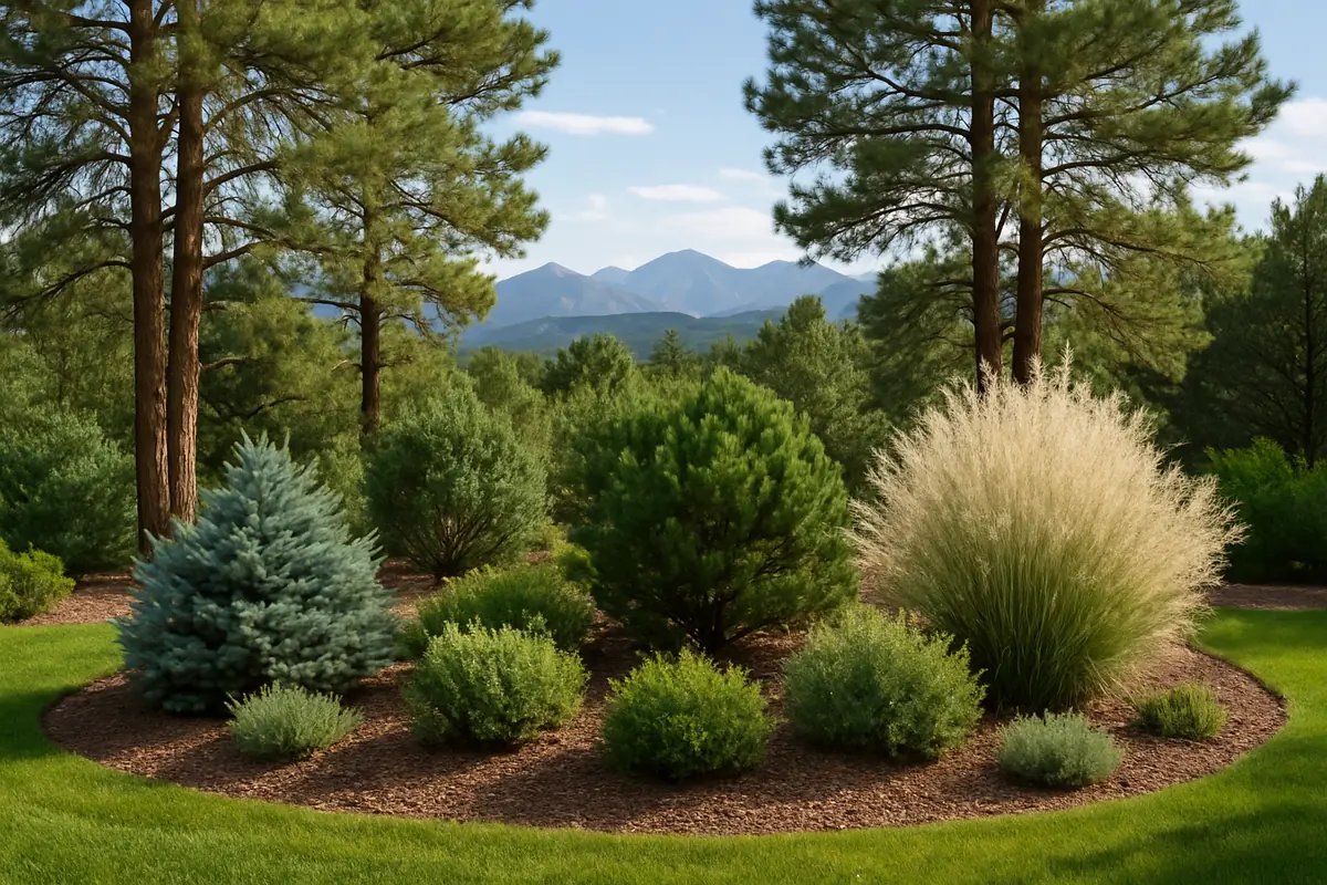 A home yard in the Colorado Front Range, with ponderosa pines and the Rocky Mountains on the horizon, planted with Rocky Mountain juniper, pinyon pine and Apache plume