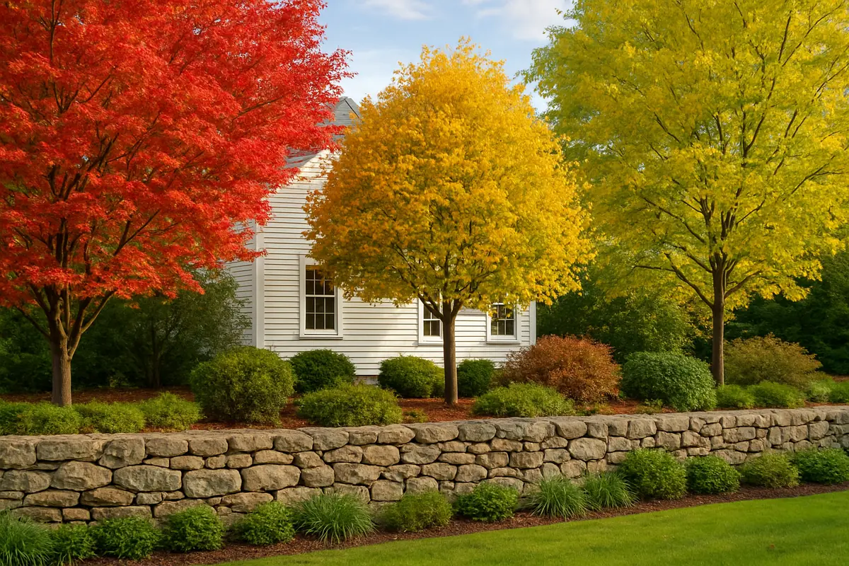 A home yard in coastal New England, with a stone wall, maples and a white clapboard house, planted with red maple 'Red Sunset', littleleaf linden and thornless honeylocust