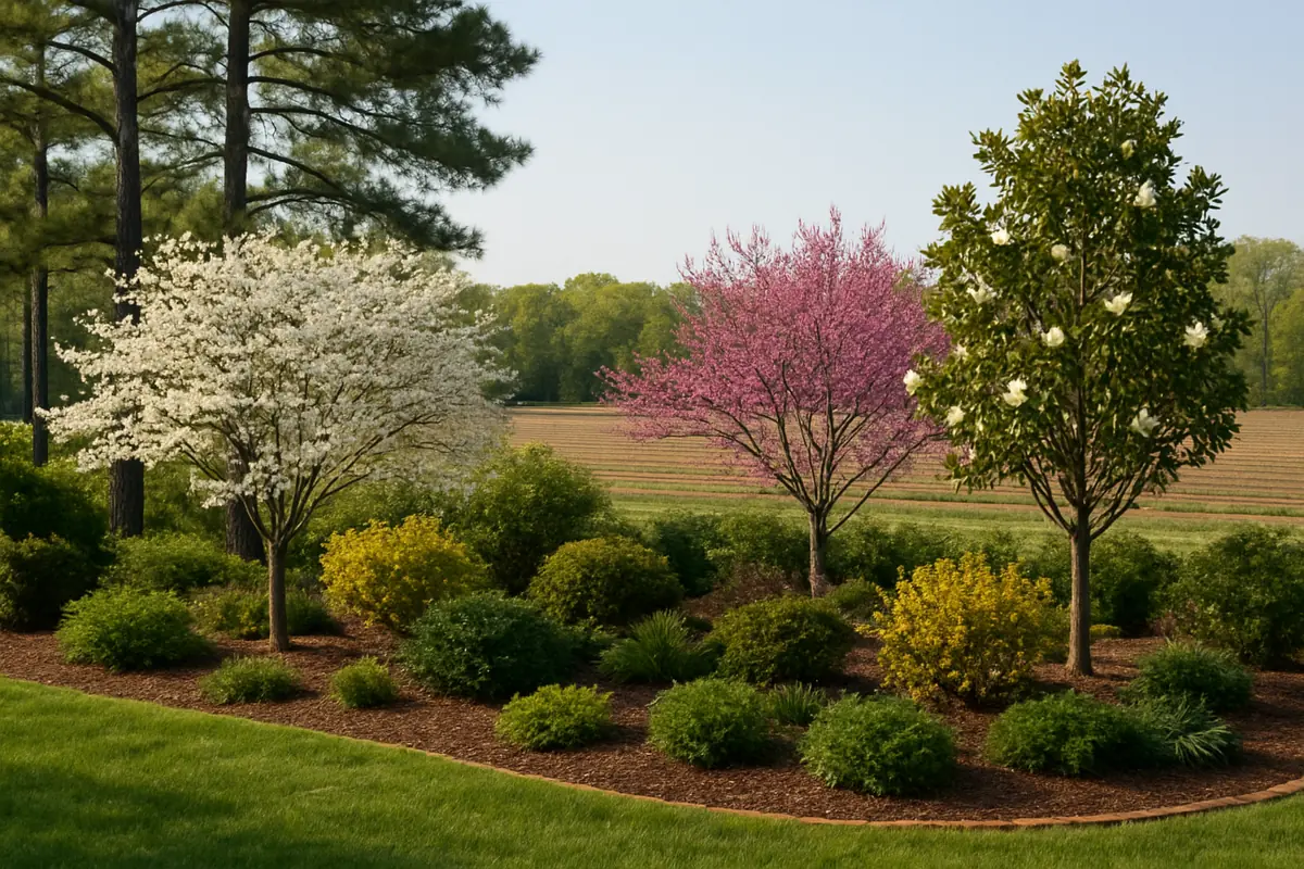 A home yard in the flat Delmarva coastal plain, with loblolly pines and farm fields, planted with sweetbay magnolia, flowering dogwood and eastern redbud