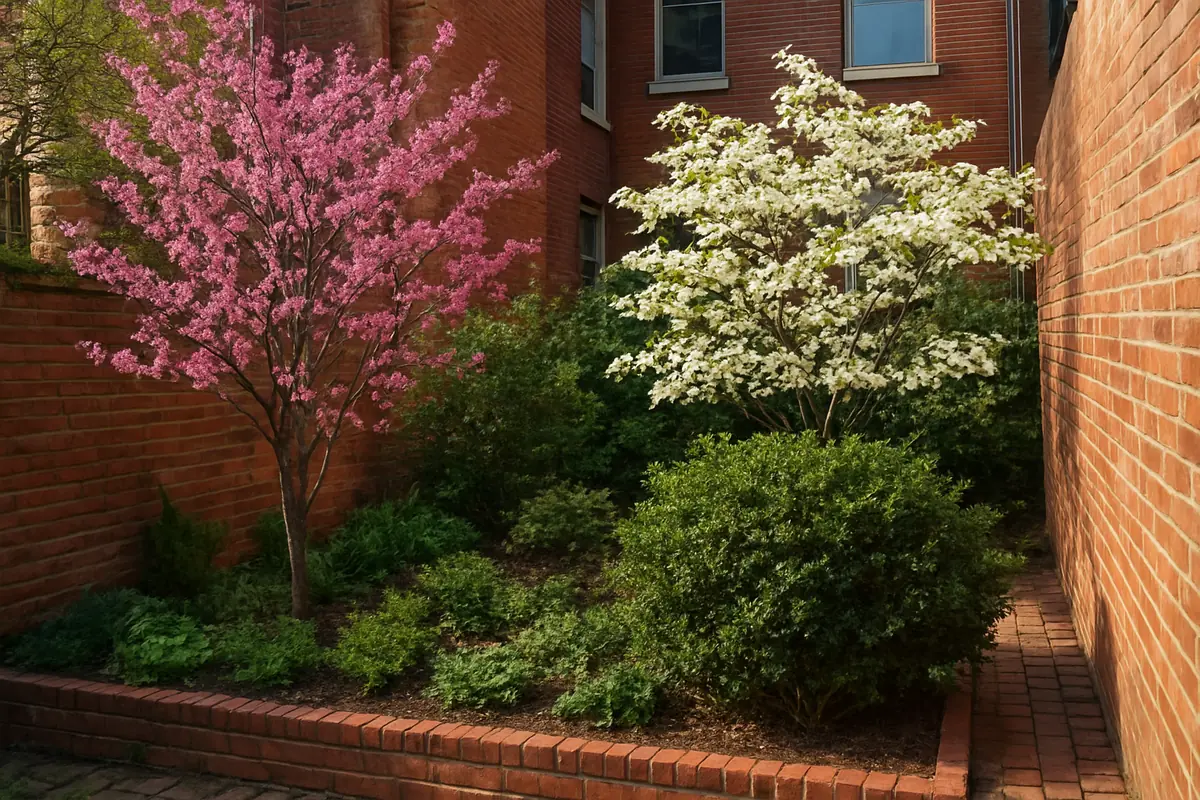A home yard in a Washington DC rowhouse backyard, with brick walls and a small raised bed, planted with eastern redbud, flowering dogwood and inkberry holly