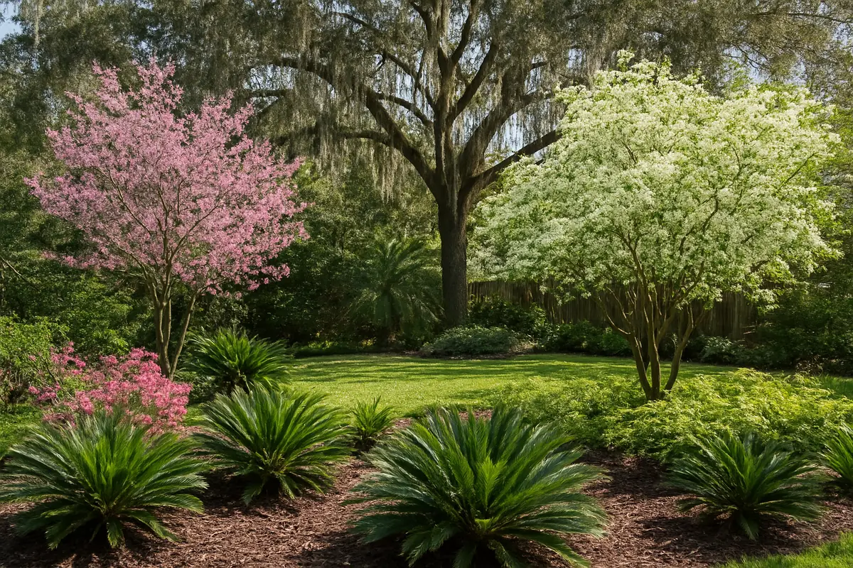 A home yard in a Florida backyard, with palms, live oaks draped in Spanish moss and bright sun, planted with coontie, eastern redbud and fringetree