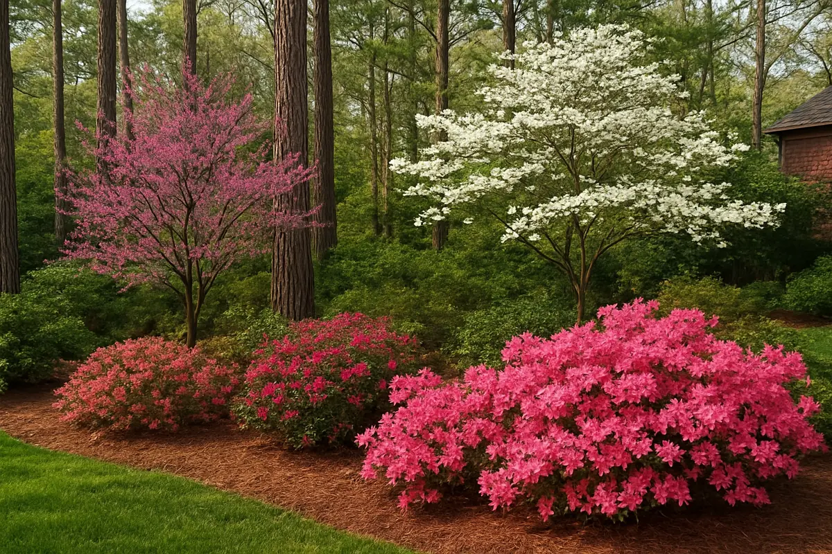 A home yard in the Georgia Piedmont, with pines, dogwoods and red clay, planted with eastern redbud, flowering dogwood and Piedmont azalea