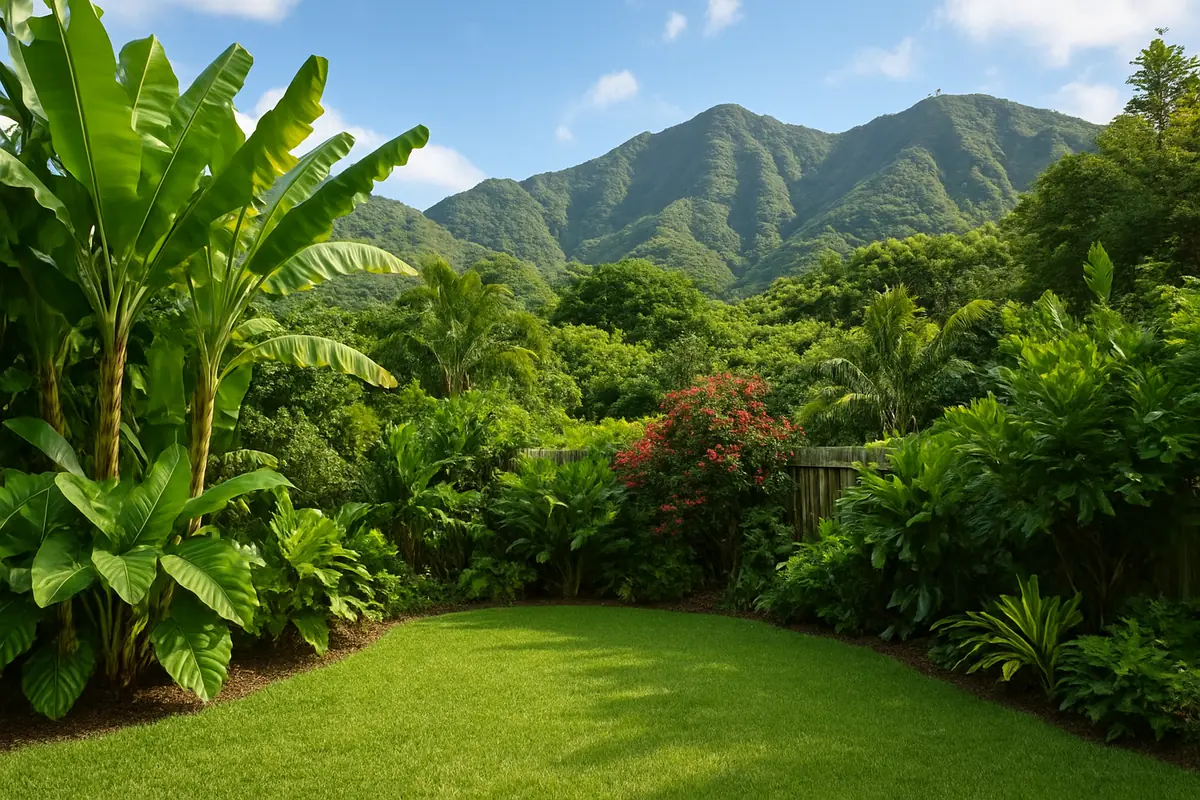 A home yard in a Hawaiian backyard, with lush tropical plants, banana trees and green volcanic mountains, planted with koa, naio and 'Ohi'a lehua