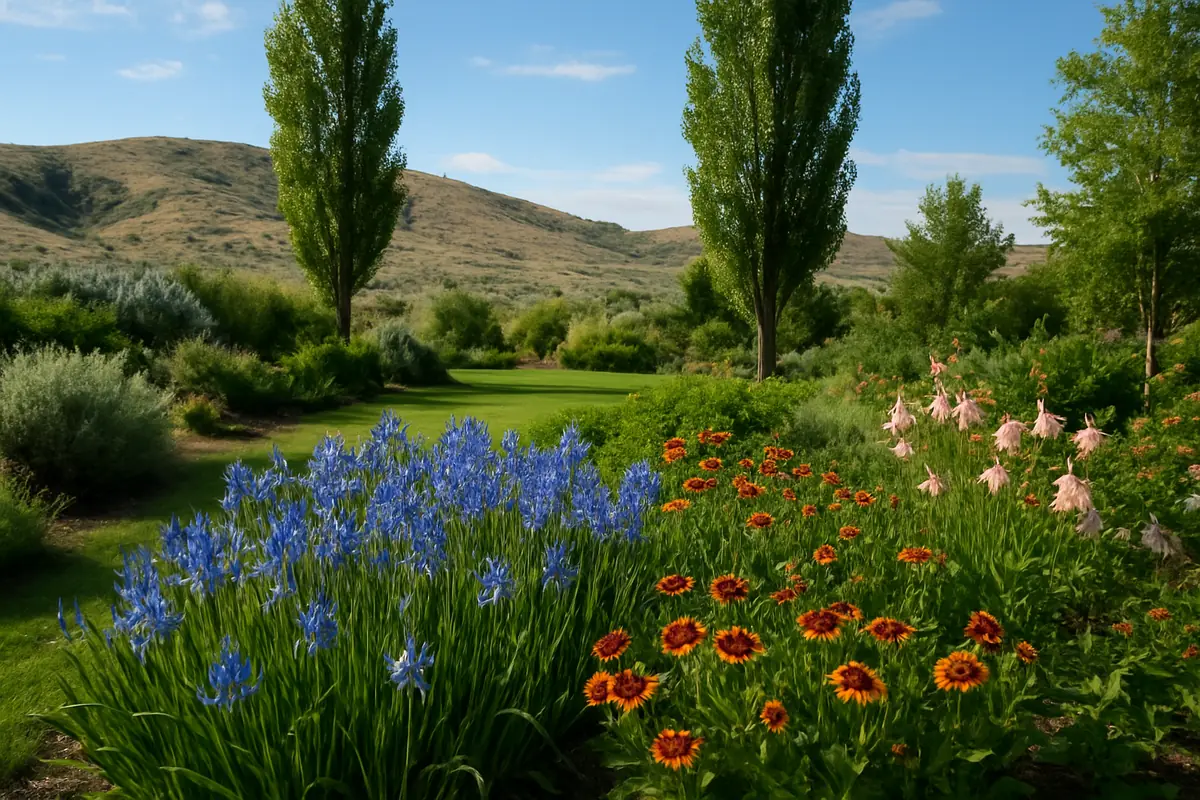A home yard in southern Idaho, with sagebrush hills, poplars and wide skies, planted with camas lily, blanket flower and columbine