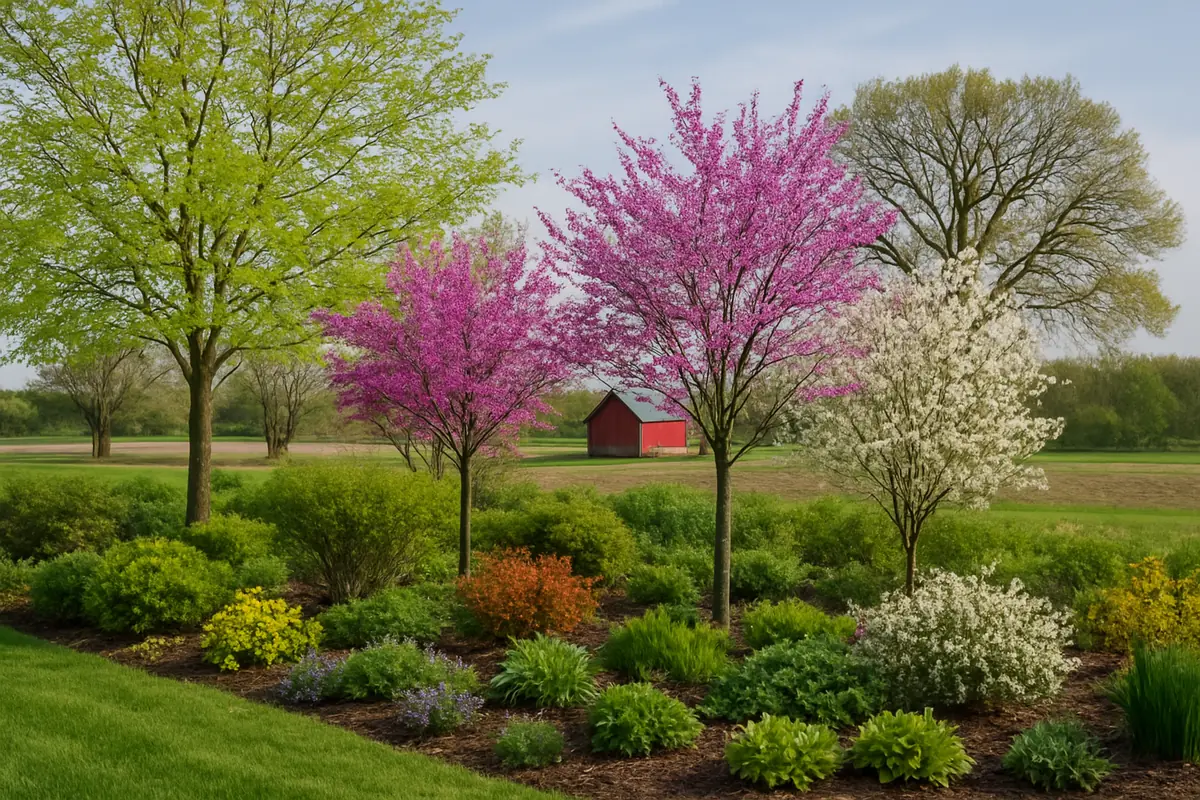 A home yard in the Illinois prairie, with flat farmland, oaks and a red barn in the distance, planted with Kentucky coffeetree, eastern redbud and downy serviceberry